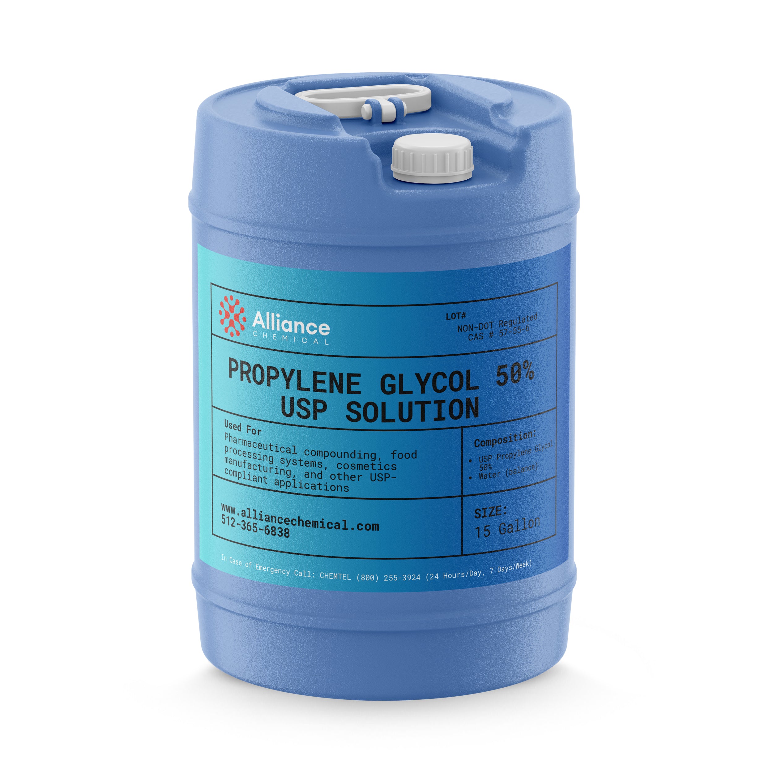 Alliance Chemical propylene glycol 50% USP solution in blue 15-gallon plastic drum with secure cap